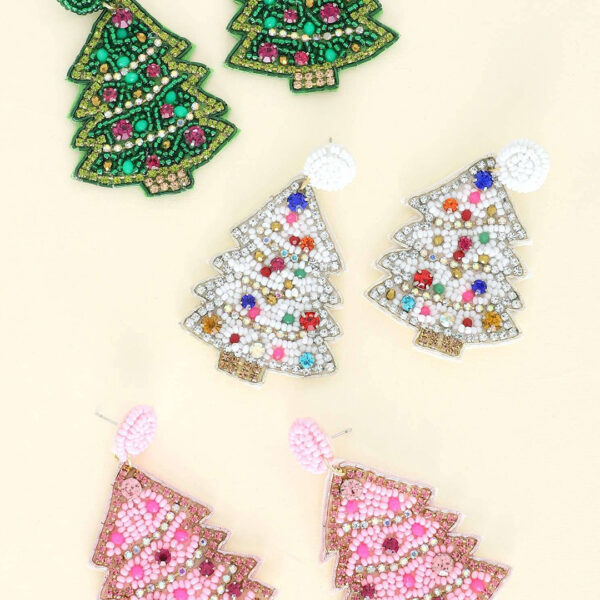 Pink Jeweled Beaded Embroidery Christmas Tree Earrings XE12634 - Glow & Grow